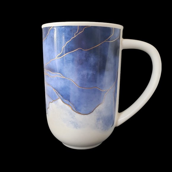 New Abstract Coffee Tea Water Mug Blue Watercolor Print W/ Gold Ceramic 16 oz - Picture 11 of 11